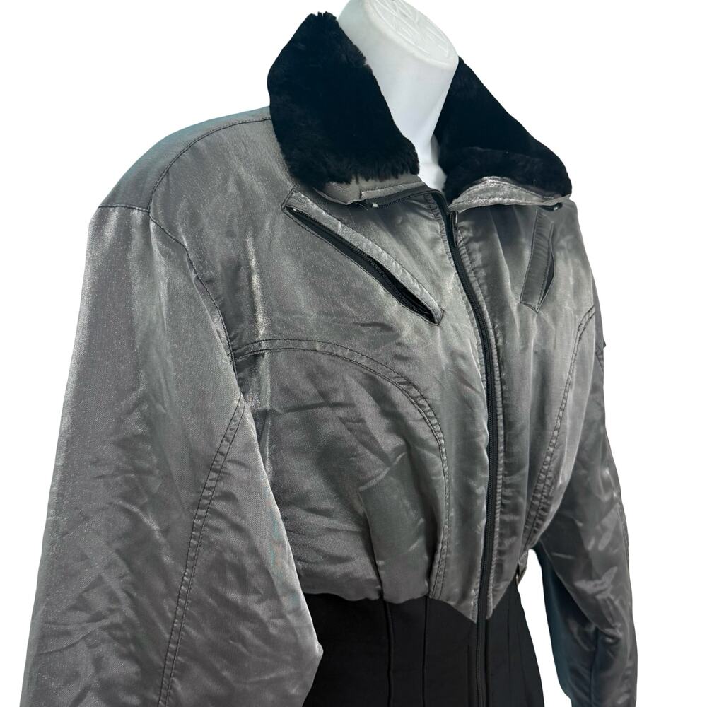 Vintage 90s Nils Silver Metallic Black Faux Fur Collar Ski Suit One Piece Size S - Picture 15 of 16